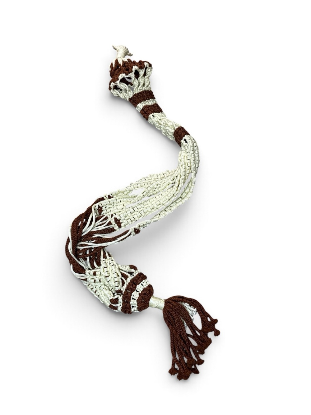 Vintage 1970s Cream & Brown Macrame Plant Hanger 74” Boho Hanging Planter Tassel